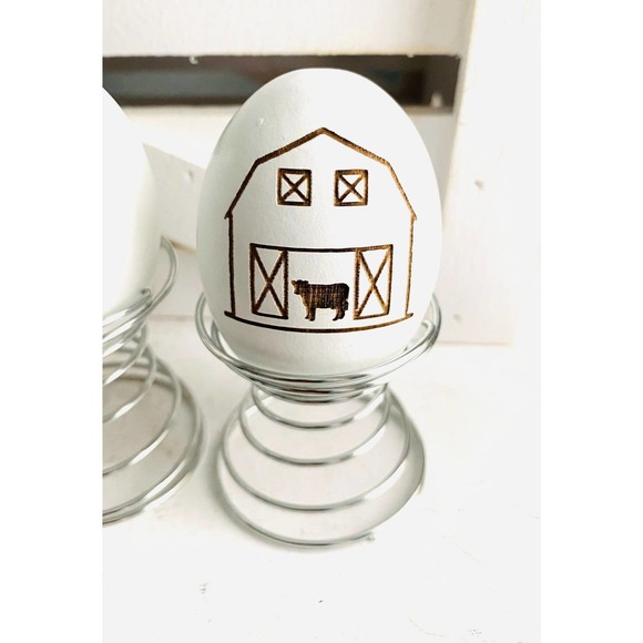 Set of 3 Farmhouse Inspired Farm Symbol Themed Wood Egg & Stand - Picture 4 of 4